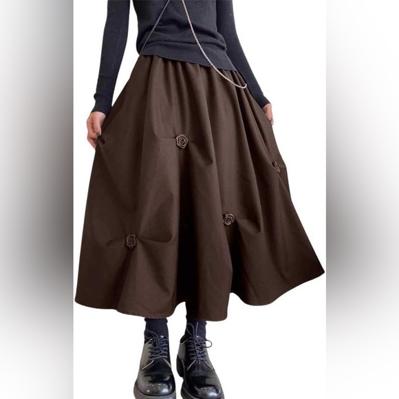 Chouyatou Brown Floral Rose Applique A-Line Pleated Swing Midi Skirt Large - Picture 8 of 8